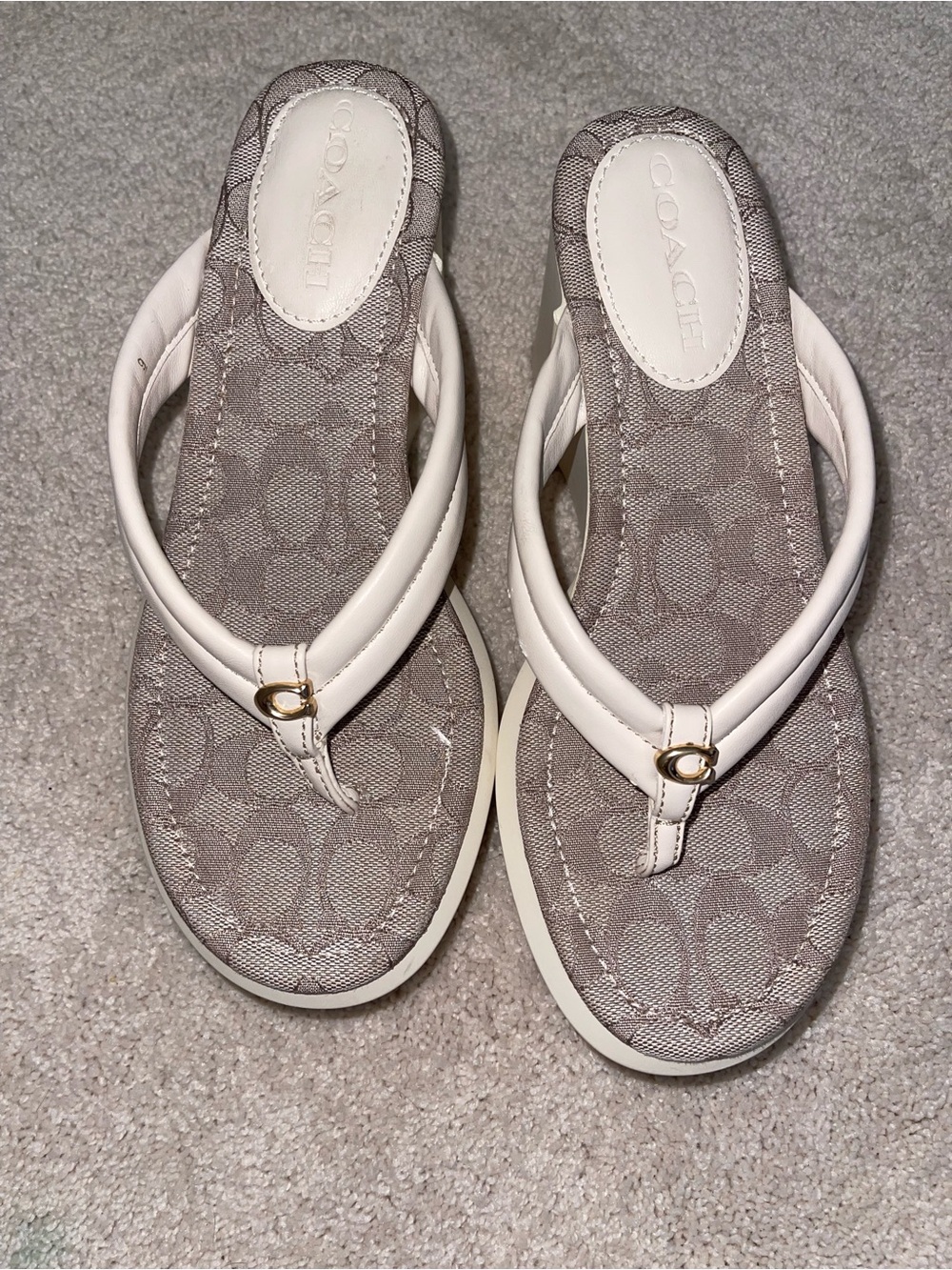Coach Beige Signature Print Platform Thong Sandals